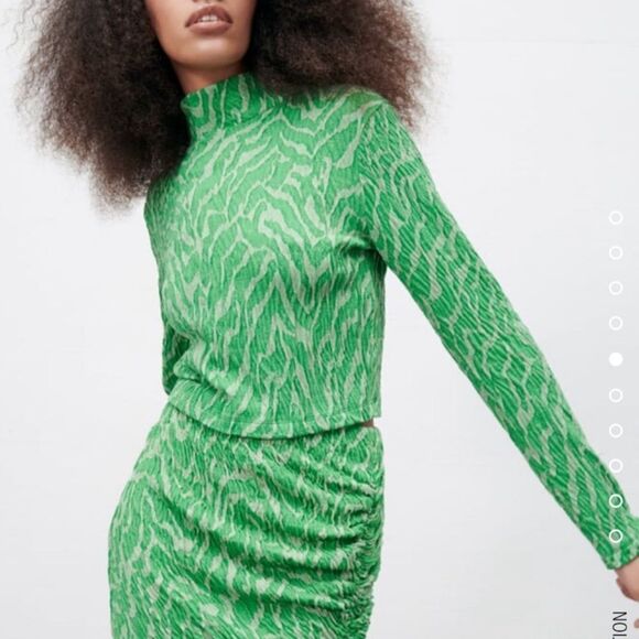 NWOT ZARA Jacquard Ruched Green Zebra Cropped Turtleneck and Skirt Set - Picture 8 of 16